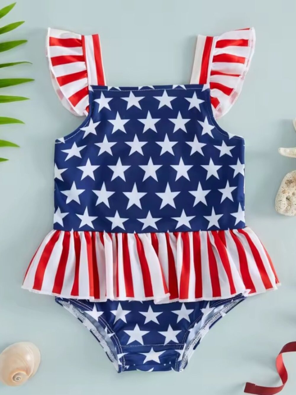 Girls 4th of July Patriotic Striped Ruffle Swimsuit Bathing Suit